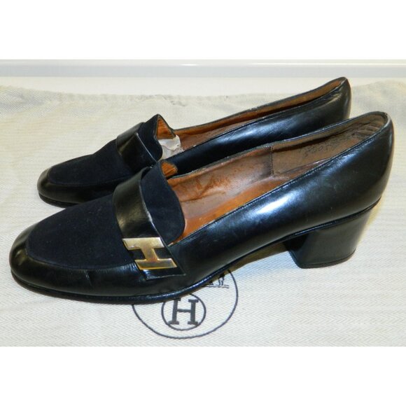 Hermès Paris Vintage Black Leather & Suede Block Heel Loafers Gold "H" Hardware - Picture 6 of 16